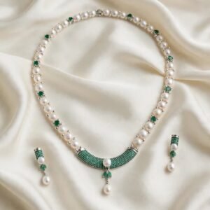 Classic Pearl Necklace with Emerald-Tone Accents