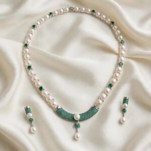 Classic Pearl Necklace with Emerald-Tone Accents