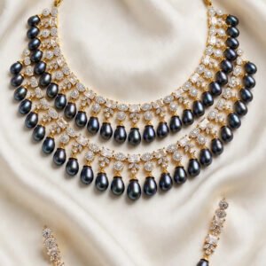 Designer Pearl Necklace — Crystal Collar with Dark Teardrop Pearls
