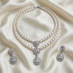 Mini Pearl Set — Double-Strand Pearl & Crystal Necklace with Earrings