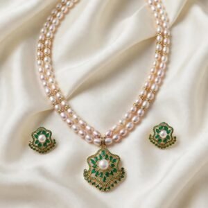 Double-Strand Pearl Necklace with Green Stone Medallion Pendant
