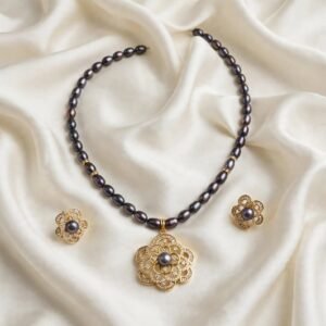 Pearl Cluster — Peacock-Grey Pearl Necklace Set with Gold Floral Pendant