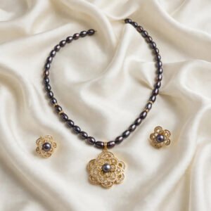 Pearl Cluster — Peacock-Grey Pearl Necklace Set with Gold Floral Pendant