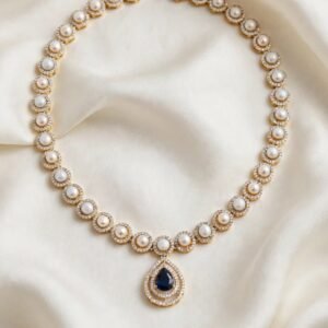 Premium Pearl Necklace Set with Blue Stone Pendant
