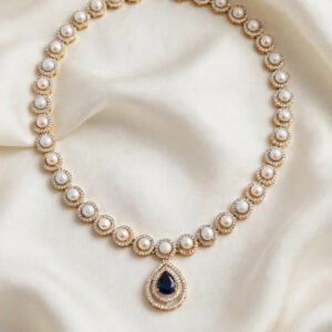 Premium Pearl Necklace — Halo-Set Pearls with Blue-Stone Pendant