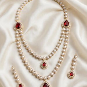 Red Stone Pearl Set — Two-Tier Pearl Necklace & Earrings
